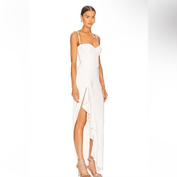 Katie May Eros Gown Revolve Ivory white maxi dress ruffle high slit XS - Picture 2 of 11